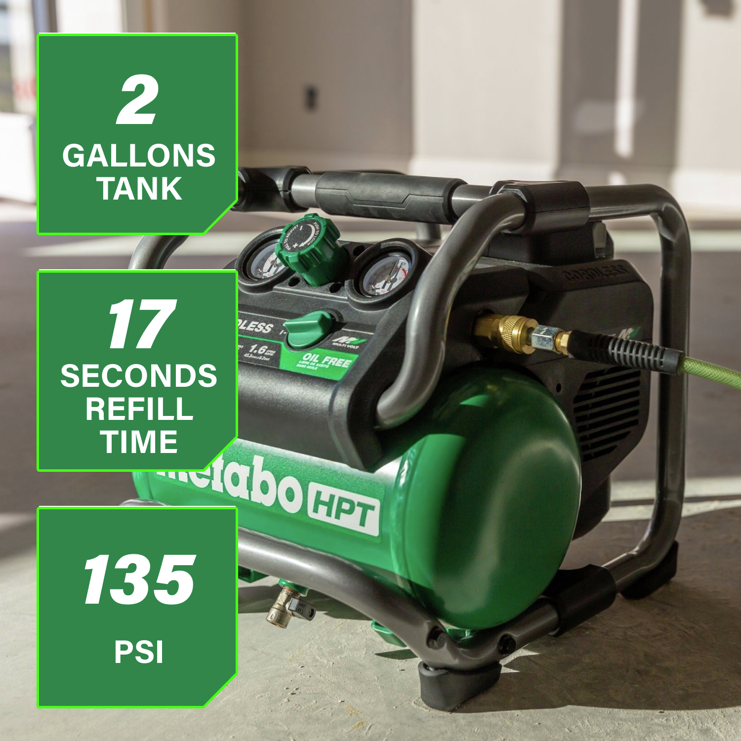 Compact 2-gallon tank reaches 135 PSI with a rapid 17-second refill time to keep your work moving efficiently.