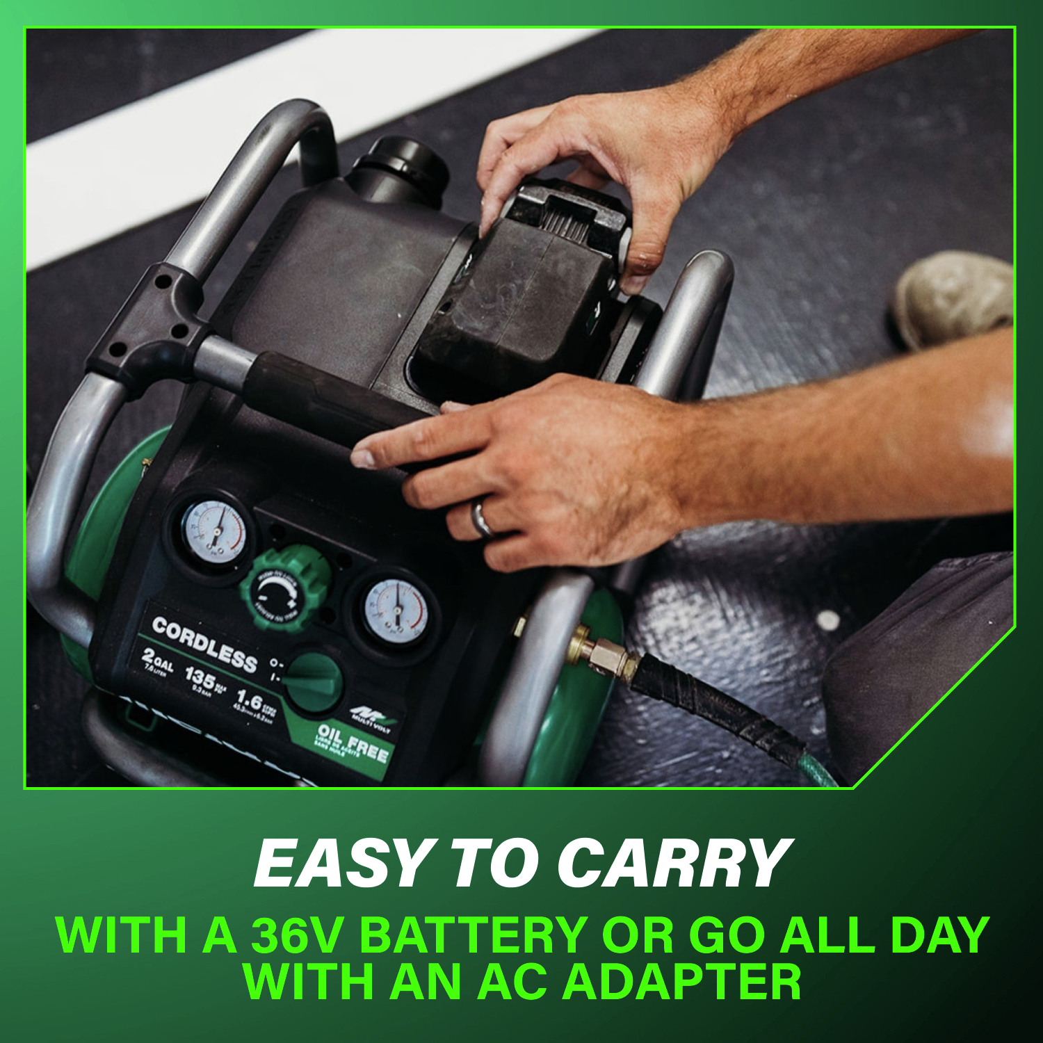 Designed for portability, you can power the tool with a 36V battery on the go or use an AC adapter for continuous work.