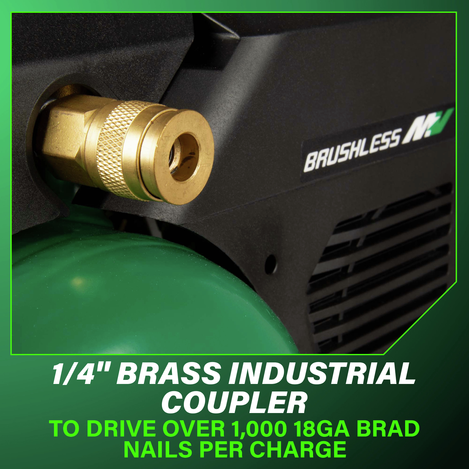 Equipped with a 1/4 in. brass industrial coupler, it can drive over 1,000 18-gauge brad nails per full charge.