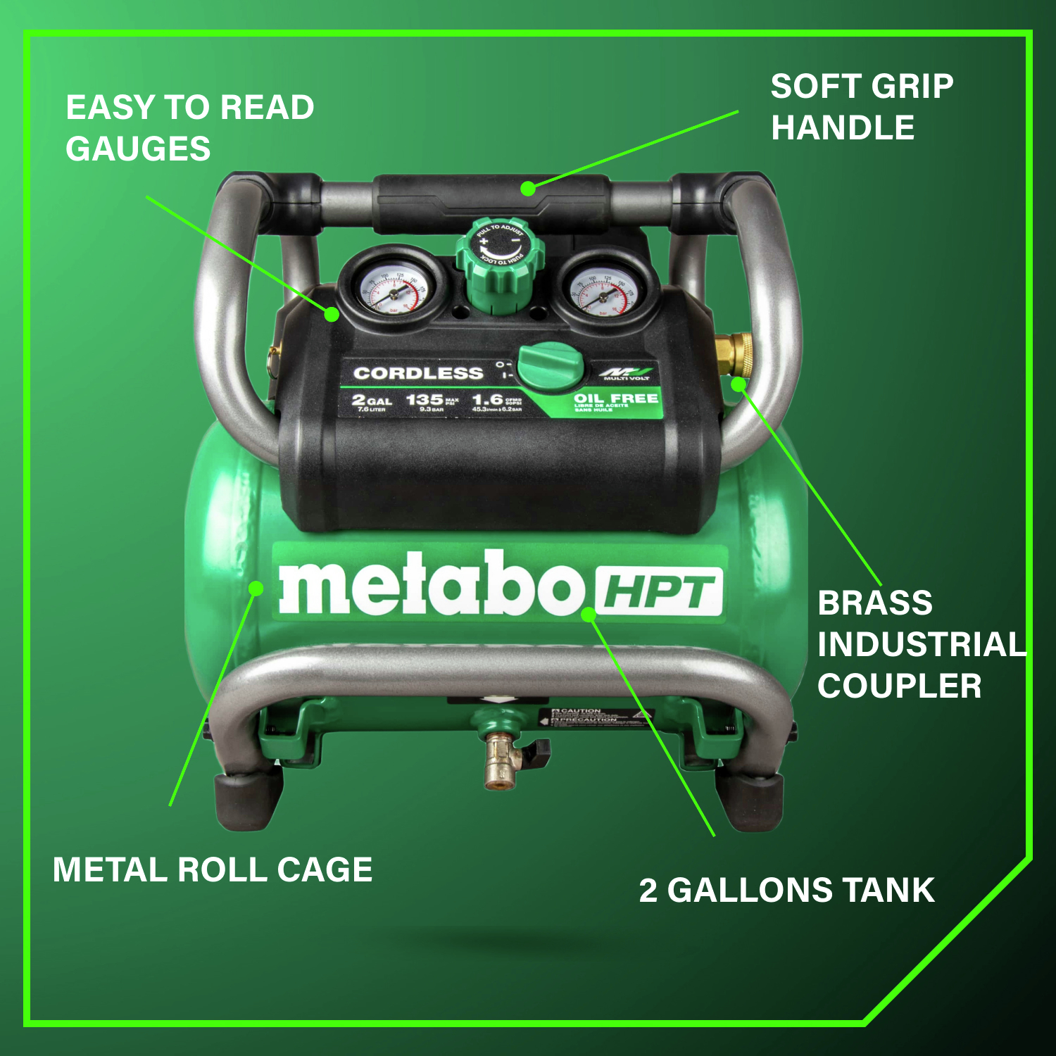 Featuring a soft grip handle, metal roll cage, easy-to-read gauge, brass industrial coupler, and 2-gallon tank for convenience and durability.