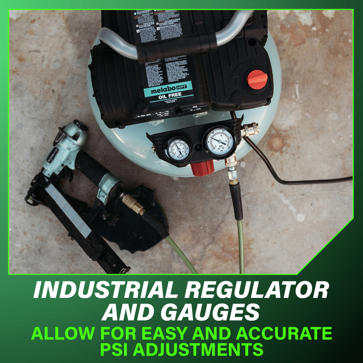 Industrial regulator and gauge provide precise PSI adjustments for consistent and accurate performance.