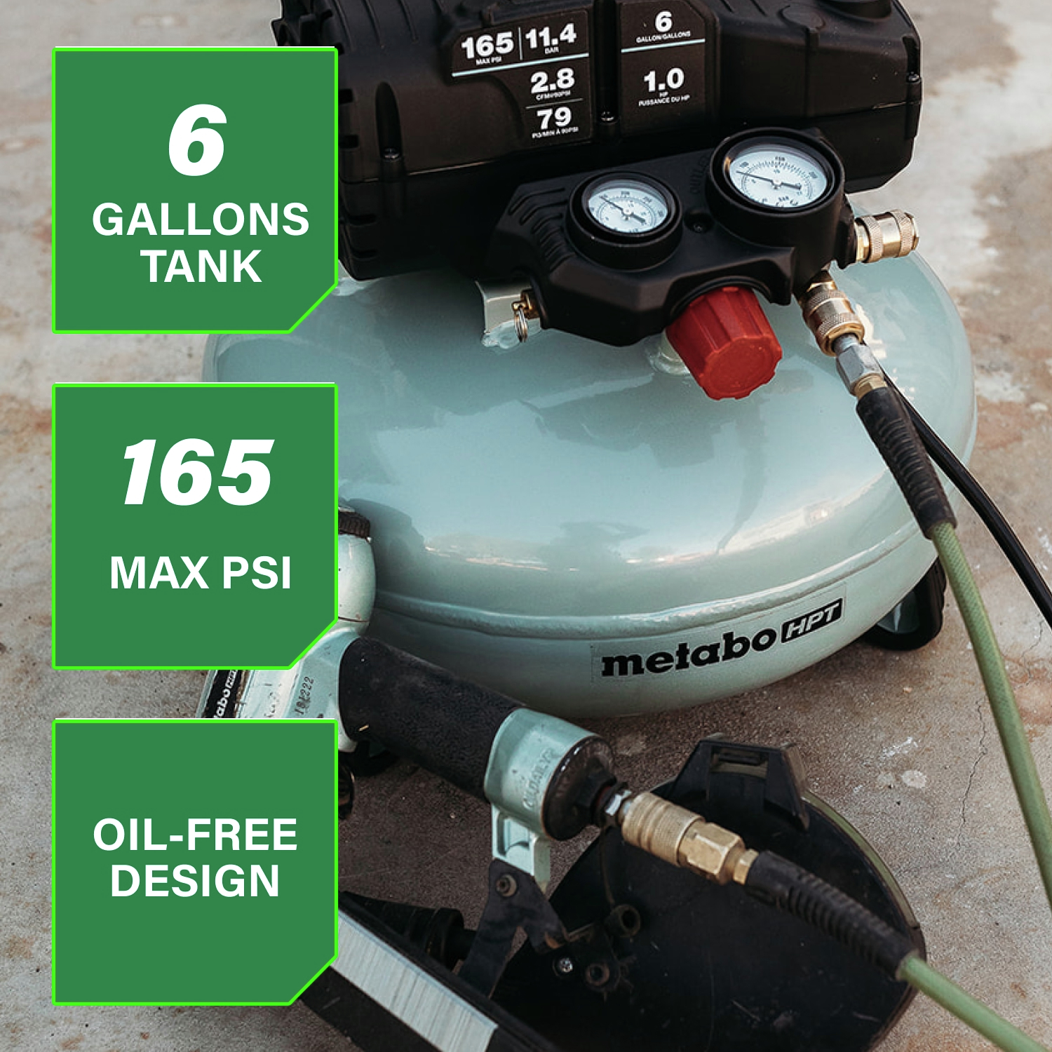 Six-gallon tank with 165 PSI maximum and oil-free design provides efficient, low-maintenance operation.