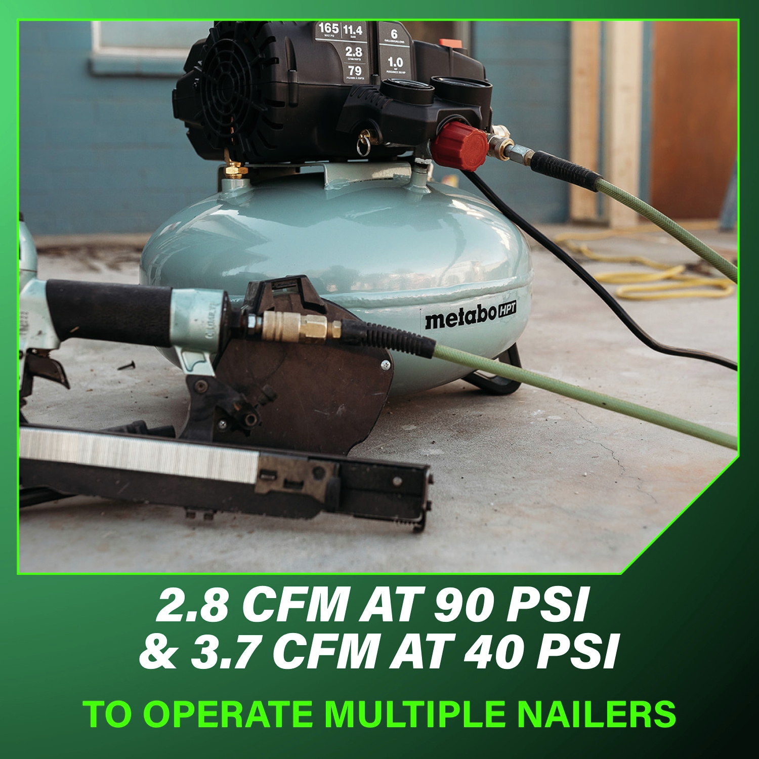 Delivers 2.8 CFM at 90 PSI and 3.7 CFM at 40 PSI, allowing multiple nailers to run efficiently at once.