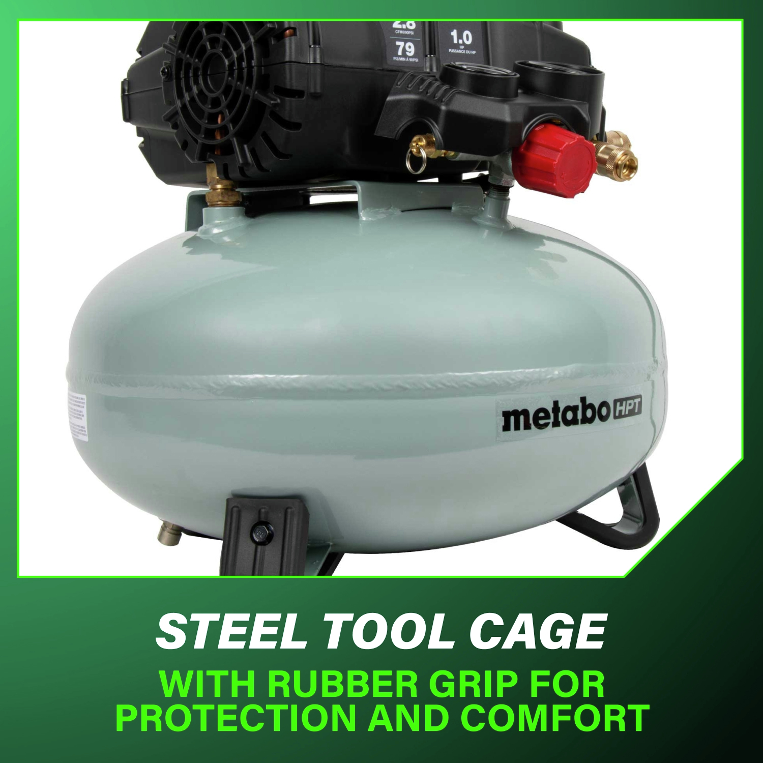 Steel tool cage with rubber grip protects the compressor while providing comfort during transport and use.