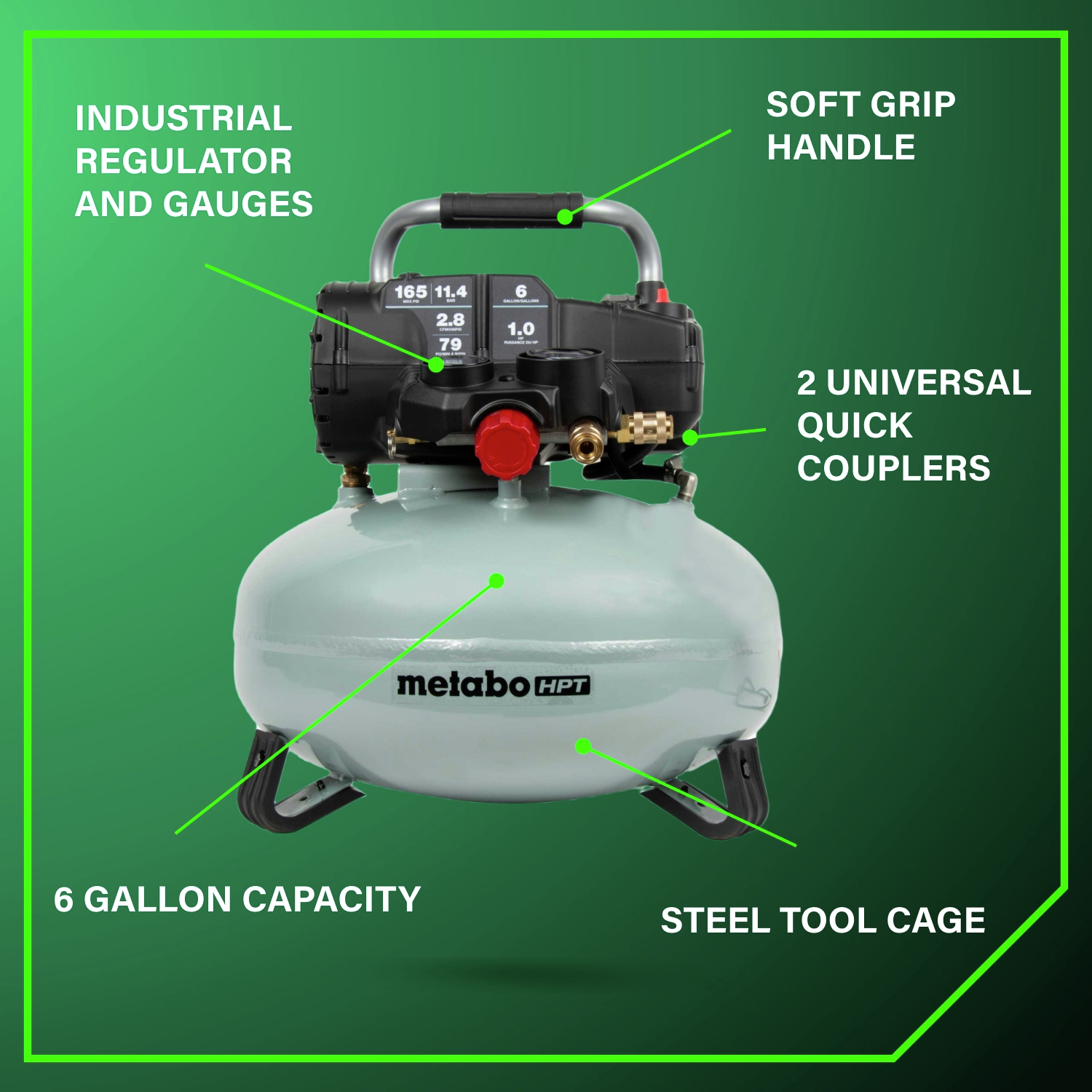Combines an industrial regulator and gauge, soft-grip handle, two universal quick couplers, six-gallon capacity, and steel tool cage for full-featured durability and convenience.