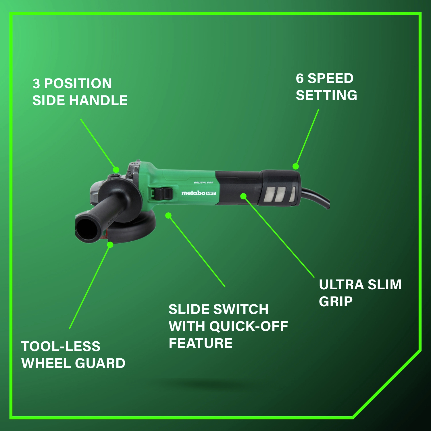 Combines a three-position side handle, six-speed settings, ultra-slim grip, quick-off slide switch, and tool-less wheel guard for full versatility and safety.