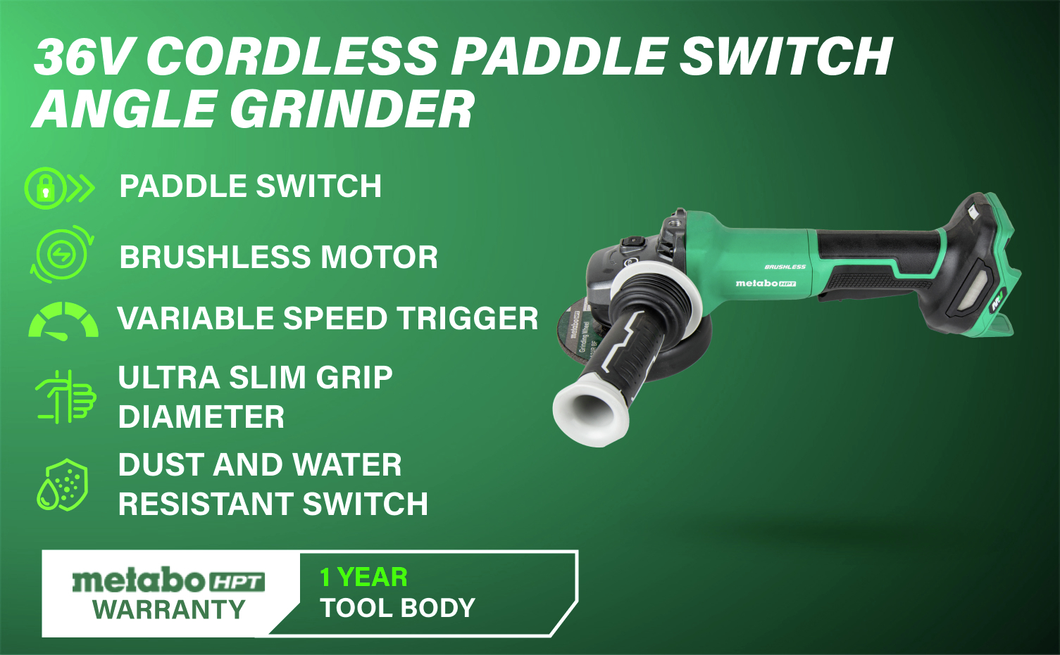 36V Cordless Paddle Switch Angle Grinder with brushless motor, variable speed trigger, and dust/water-resistant switch.