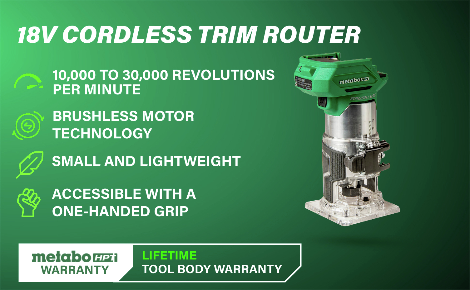 18V Cordless Trim Router Brushless motor with 10K–30K RPM and a one-handed ergonomic grip.