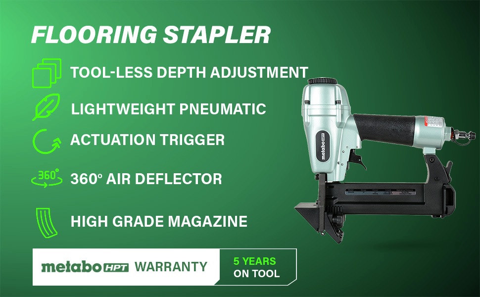 Flooring Stapler with tool-less depth adjustment and high-grade magazine.