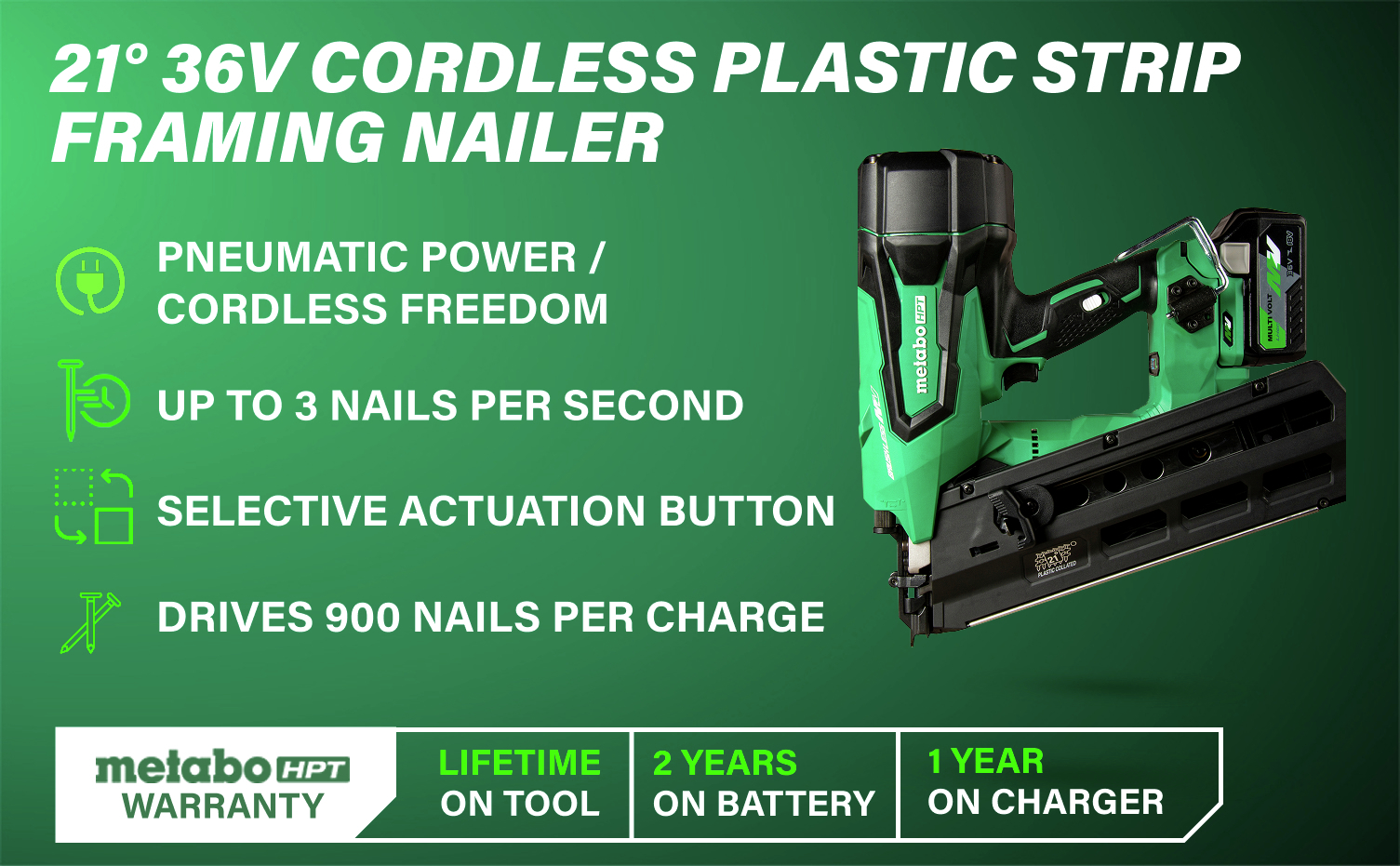 21-Degree 36V Cordless Plastic Strip Framing Nailer