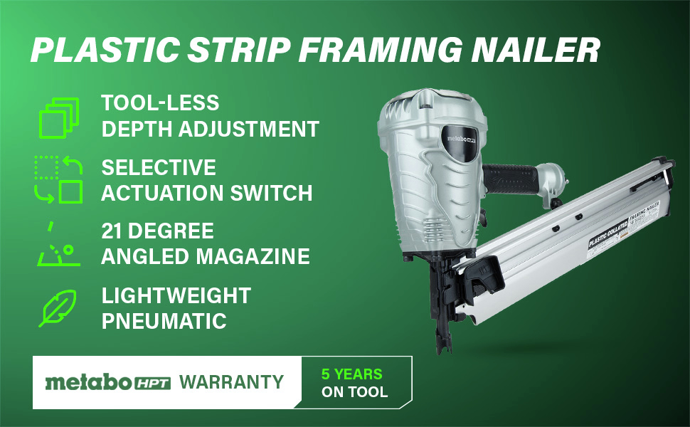 Plastic Strip Framing Nailer Offers tool-less depth adjustment, a selective actuation switch, a 21-degree angled magazine, and lightweight pneumatic design