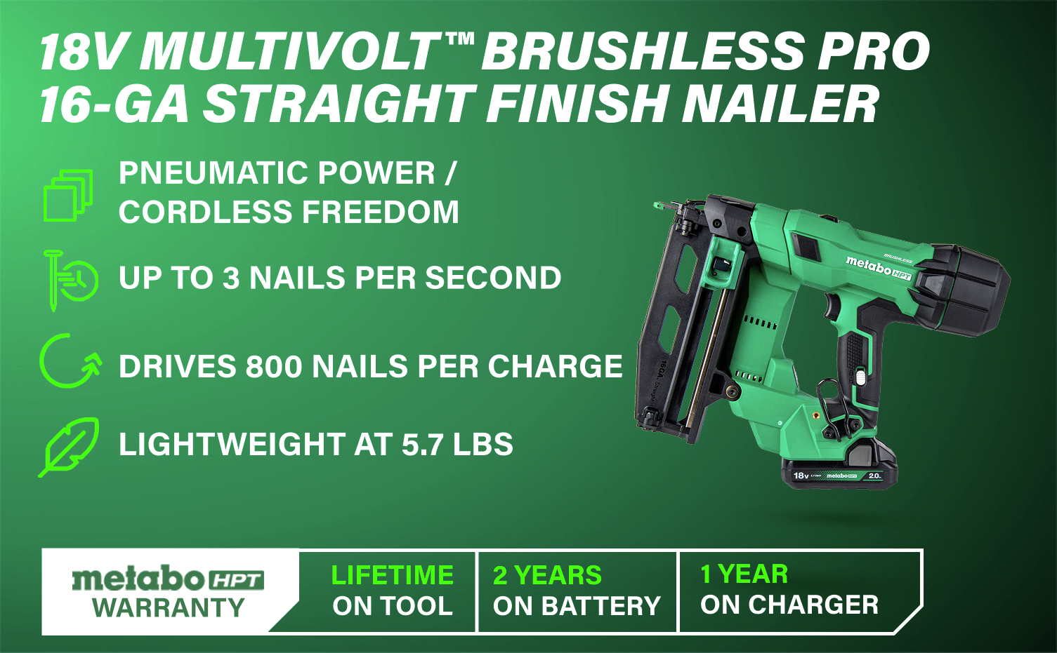 18V MultiVolt Brushless Pro 16-Gauge Straight Finish Nailer