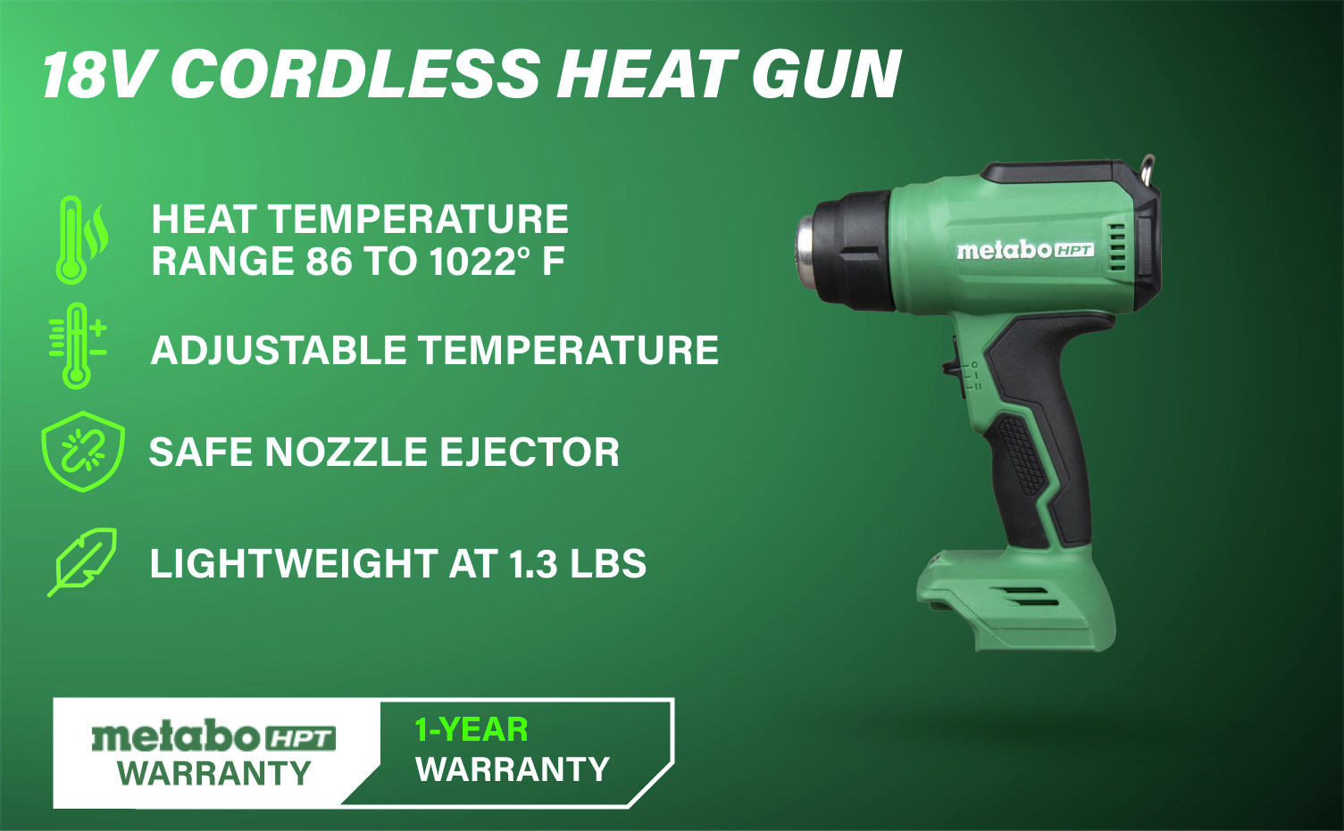 18V Cordless Heat Gun Offers an adjustable heat temperature range from 86 to 1022 degrees Fahrenheit, features a safe nozzle ejector, and is lightweight at just 1.3 lbs.