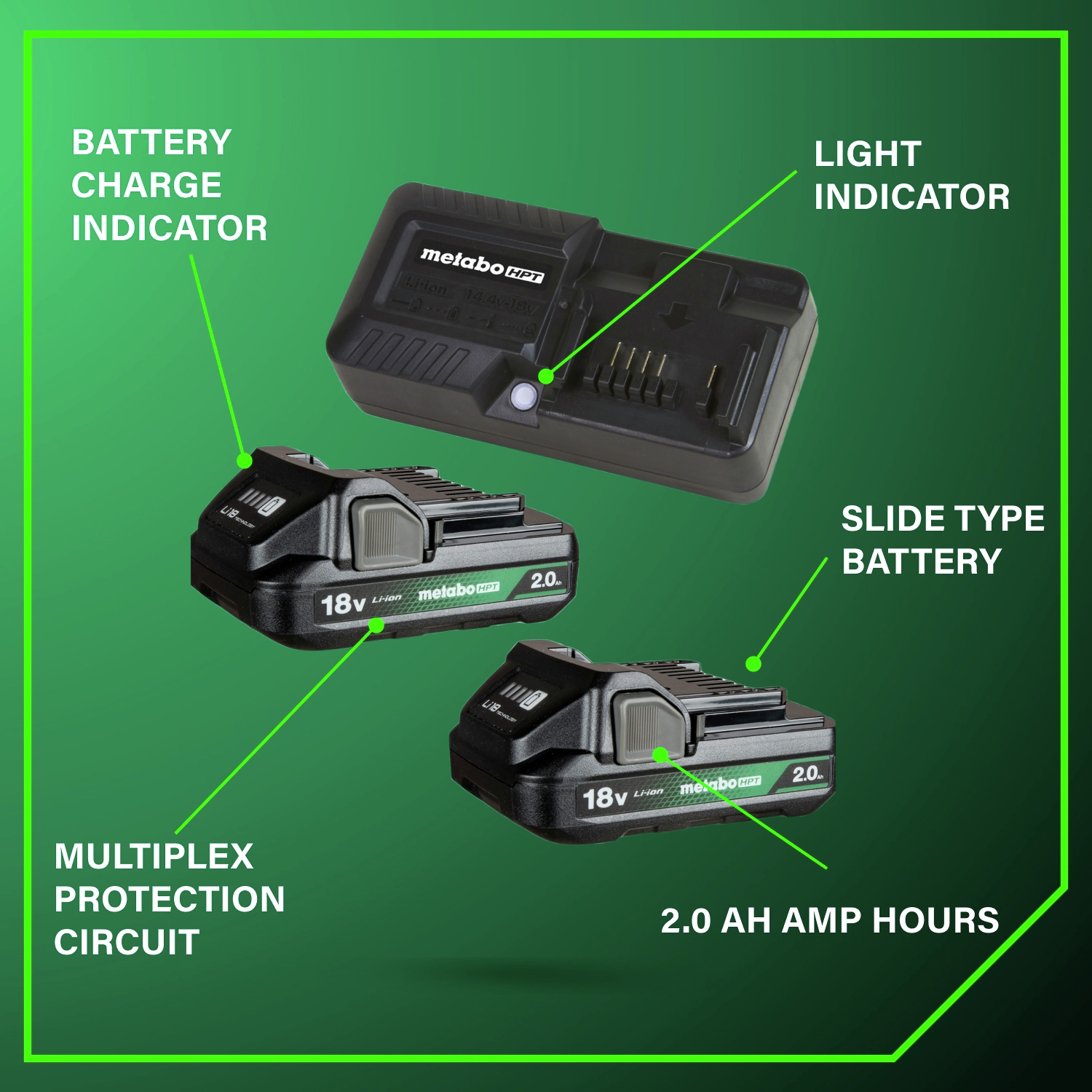 Equipped with a charge indicator, LED light, slide-type connection, and 2 Ah capacity, all protected by intelligent circuitry for optimal efficiency.