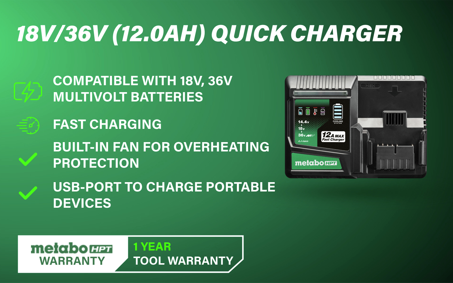 18V/36V (12.0Ah) Quick Charger Offers fast, efficient charging with built-in overheating protection and a USB port for charging portable devices.