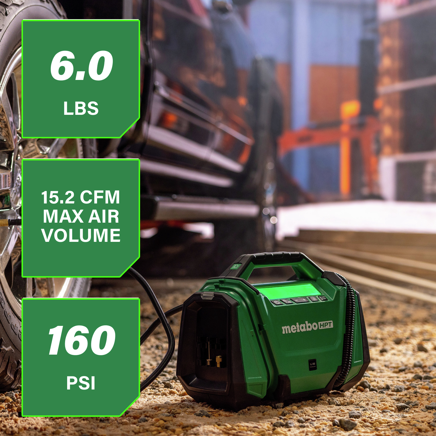 Weighing just 6 lbs., this inflator packs 15.2 CFM of air volume and up to 160 PSI of pressure for maximum efficiency.
