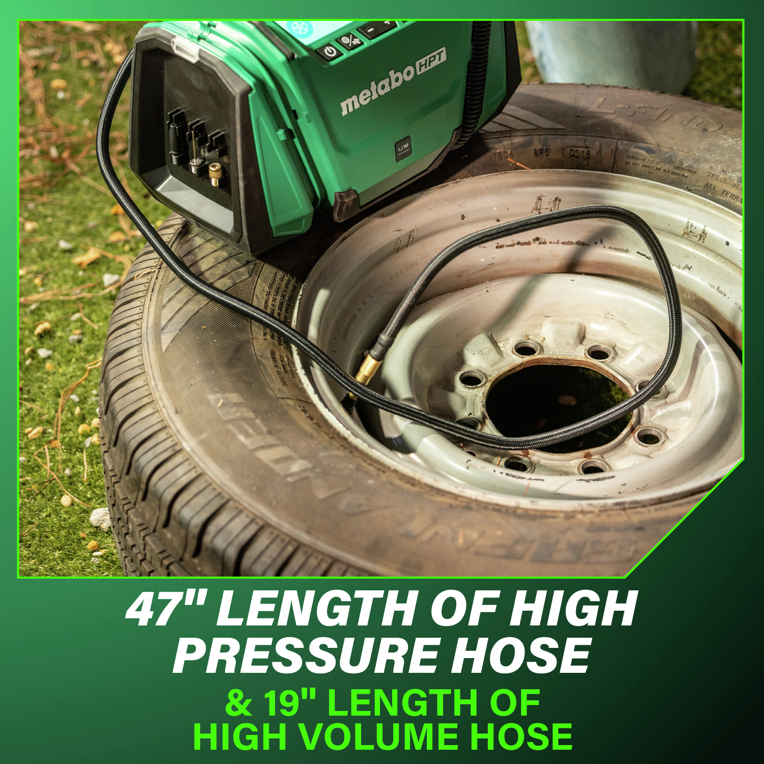Includes a 47 in. high-pressure hose and a 19 in. high-volume hose to handle a wide range of inflation tasks with ease.