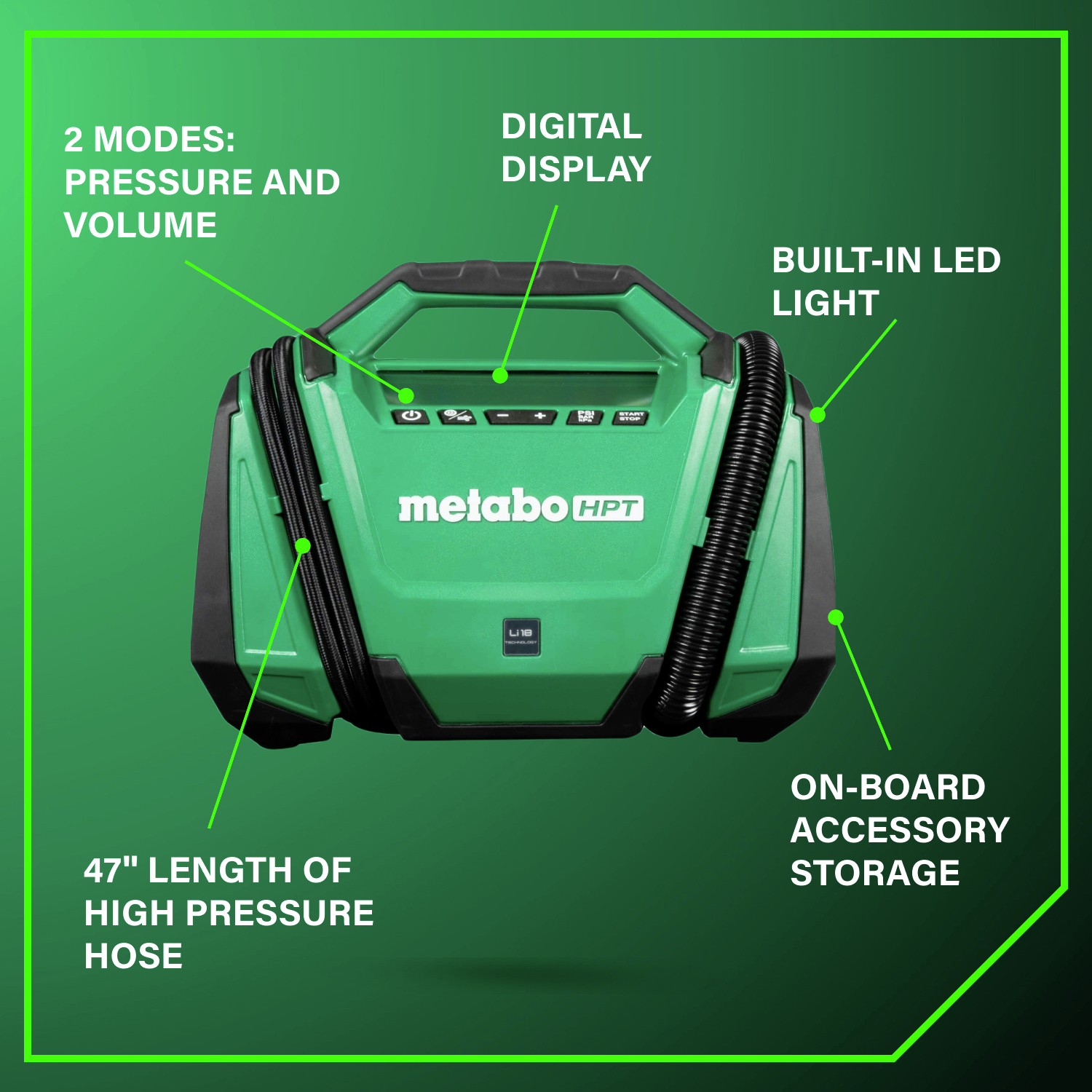 Packed with smart features like dual pressure modes, digital readout, LED illumination, and extended hose reach for complete versatility.