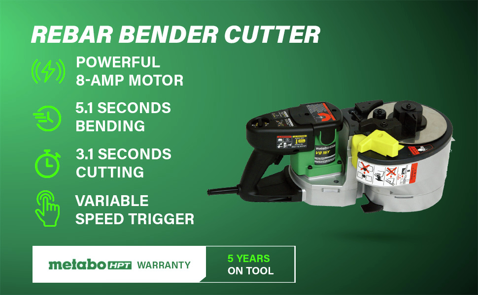 Rebar Bender Cutter Features a powerful 8 Amp motor, enabling fast bending in 5.1 seconds, quick cutting in 3.1 seconds, and offers a variable speed trigger for precise control.