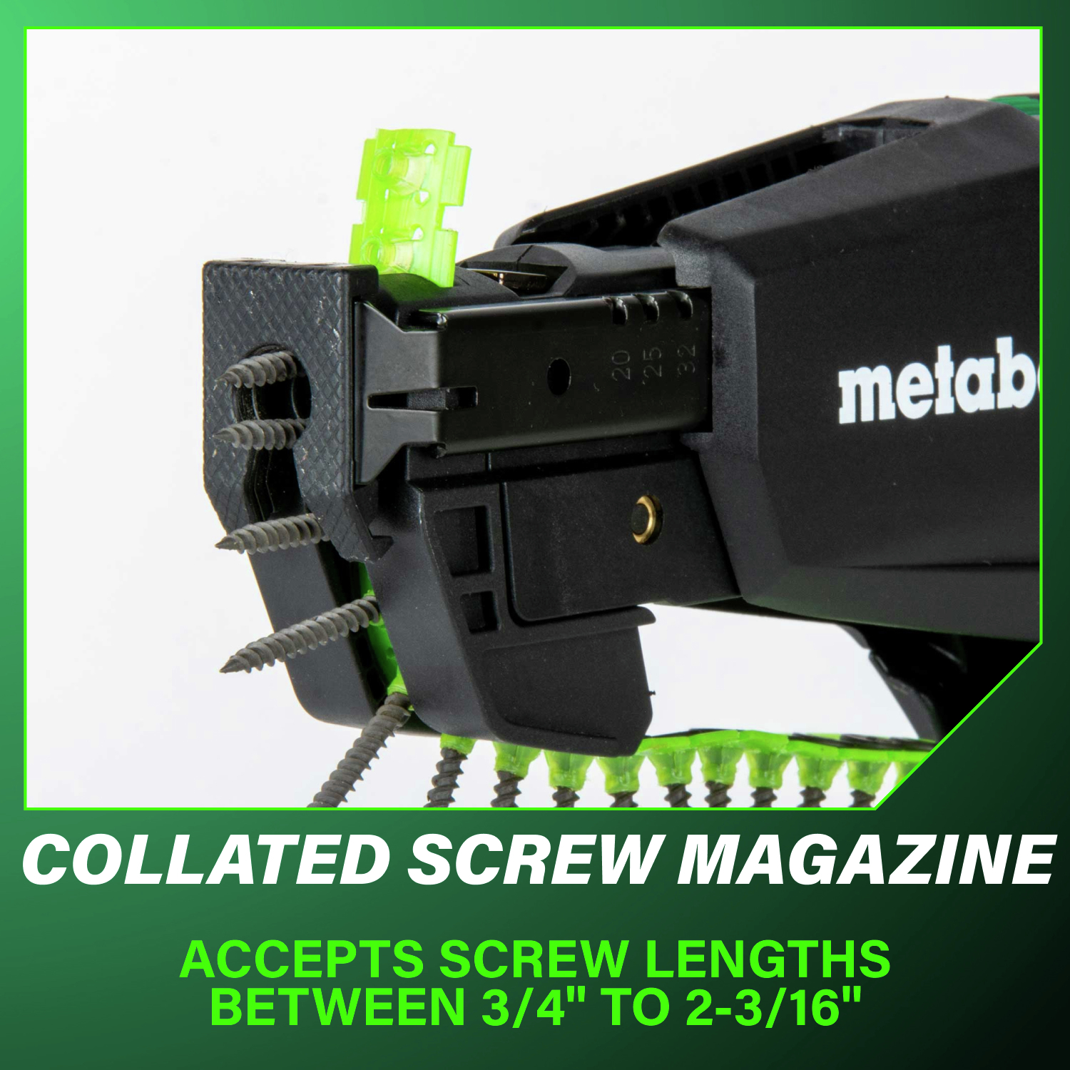 The included collated screw magazine streamlines installation, handling screw lengths from 3/4 in. to 2-3/16 in. for faster, cleaner drywall work.