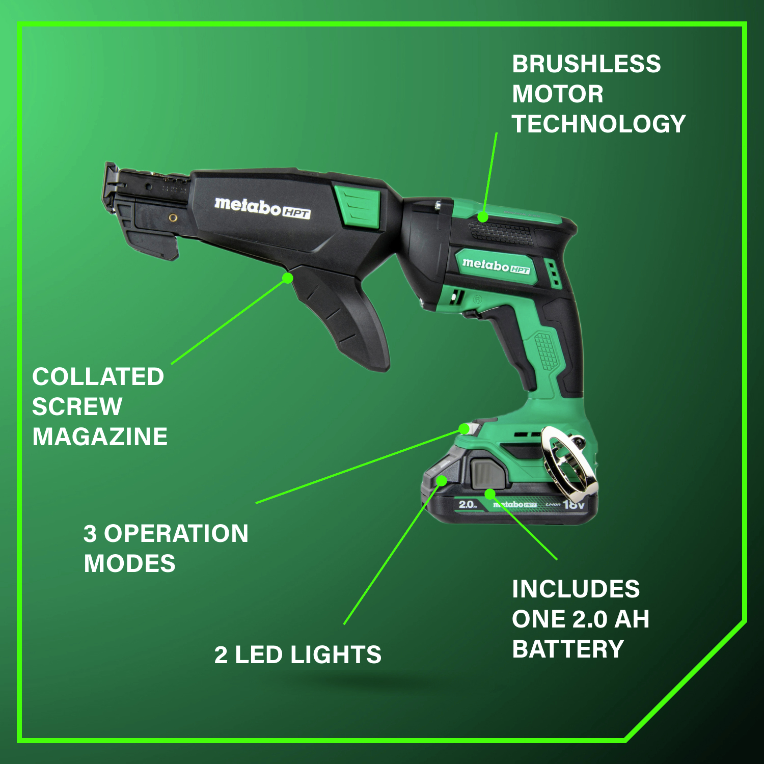 Combining advanced brushless motor technology, dual LEDs, and a collated screw system for unmatched speed, power, and efficiency.