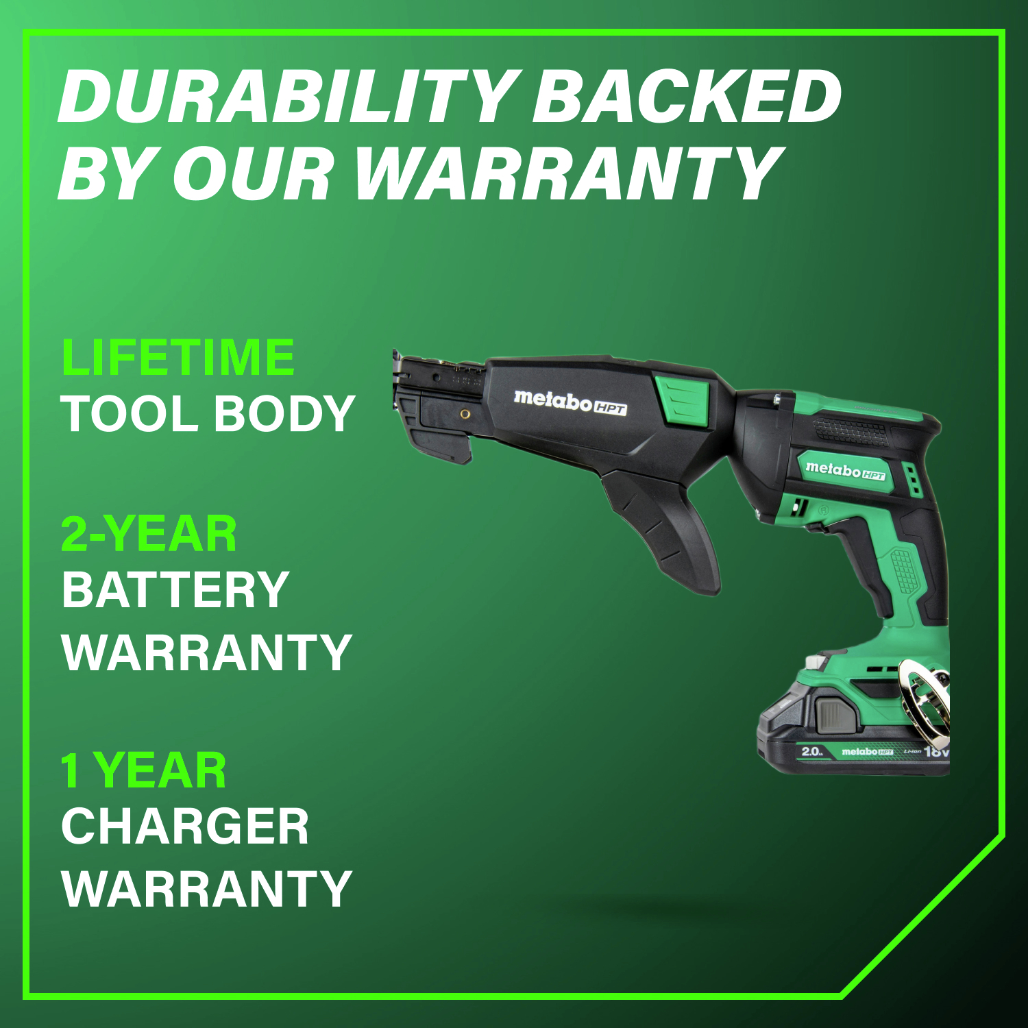 Protected by a lifetime tool warranty and backed by 2-year battery and 1-year charger coverage for lasting peace of mind.