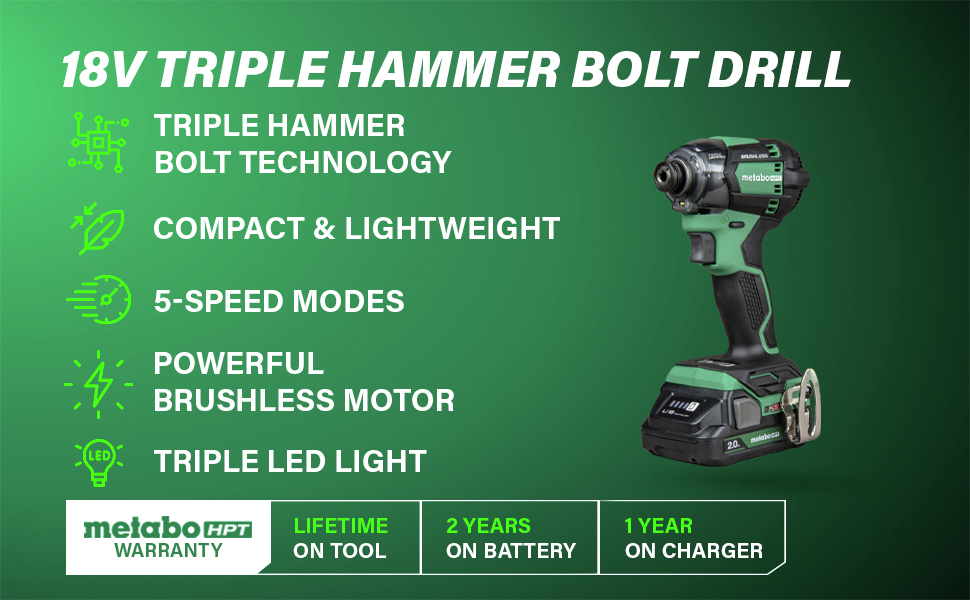 18V Triple Hammer Bolt Drill Delivers unmatched power and precision with its compact design, triple hammer technology, 5-speed modes, brushless motor, and triple LED light.