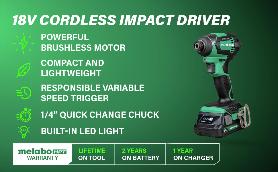 18V Cordless Impact Driver Combines a powerful brushless motor, compact and lightweight design, variable speed trigger, quick-change chuck, and built-in LED light for maximum performance and convenience.