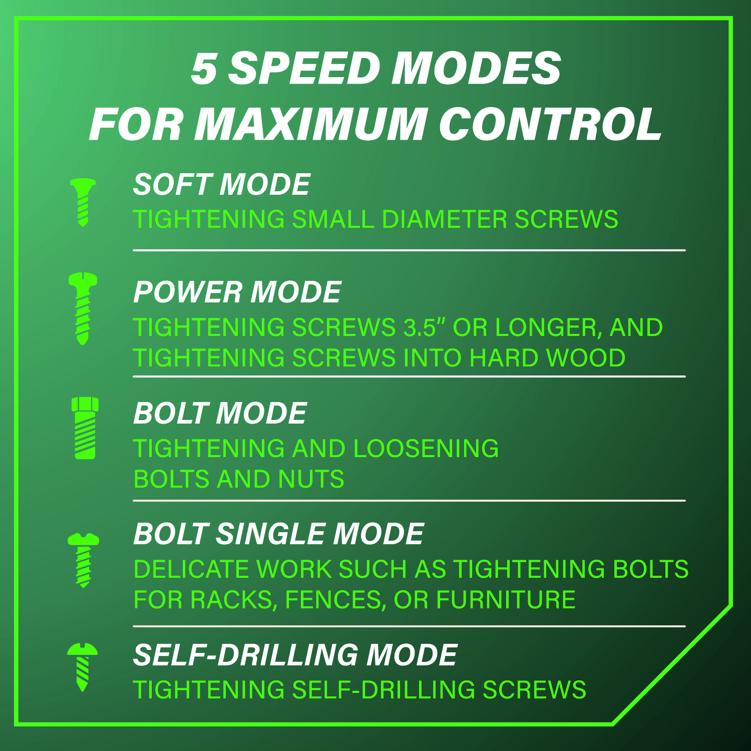 Five optimized speed modes: Soft, Power, Bolt, Bolt Single, and Self-Drilling willgive you unmatched flexibility for any fastening job.