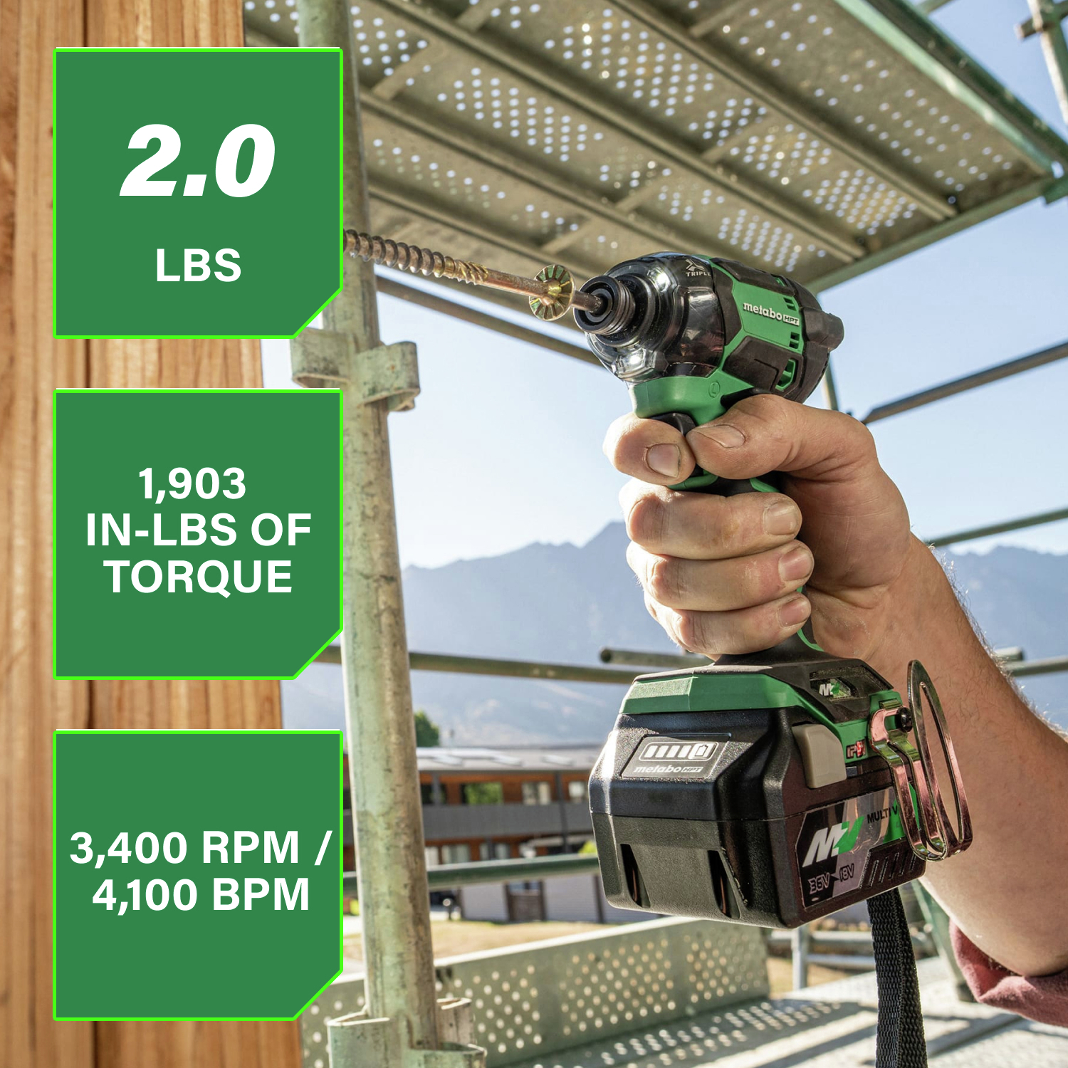 Weighing only 2 lbs. with 1,903 in-lbs. of torque and speeds up to 3,400 RPM and 4,100 BPM, this tool combines lightweight agility with brute strength.