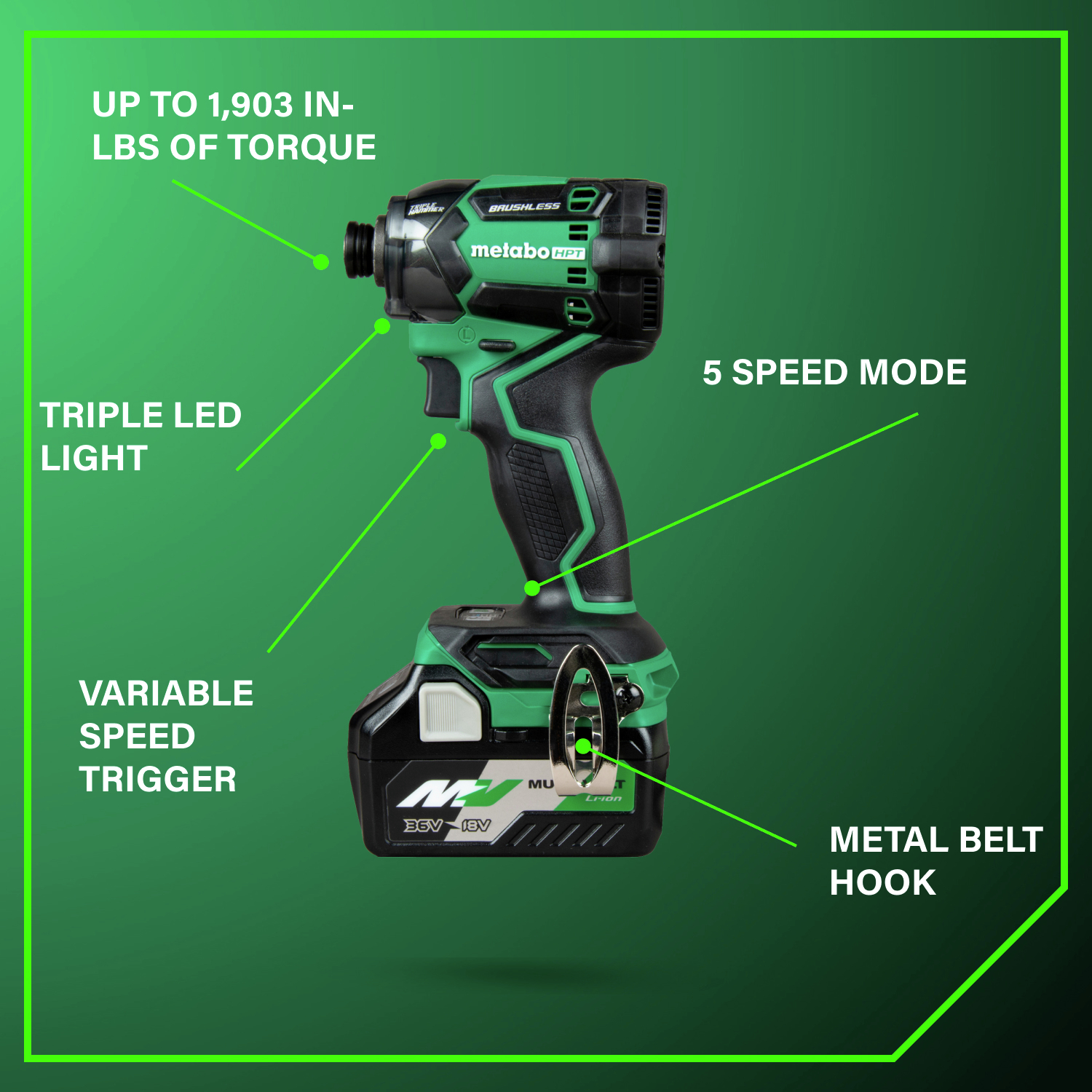 With up to 1,903 in-lbs. of torque, five speed settings, and a metal belt hook, this driver is built for precision, power, and convenience.