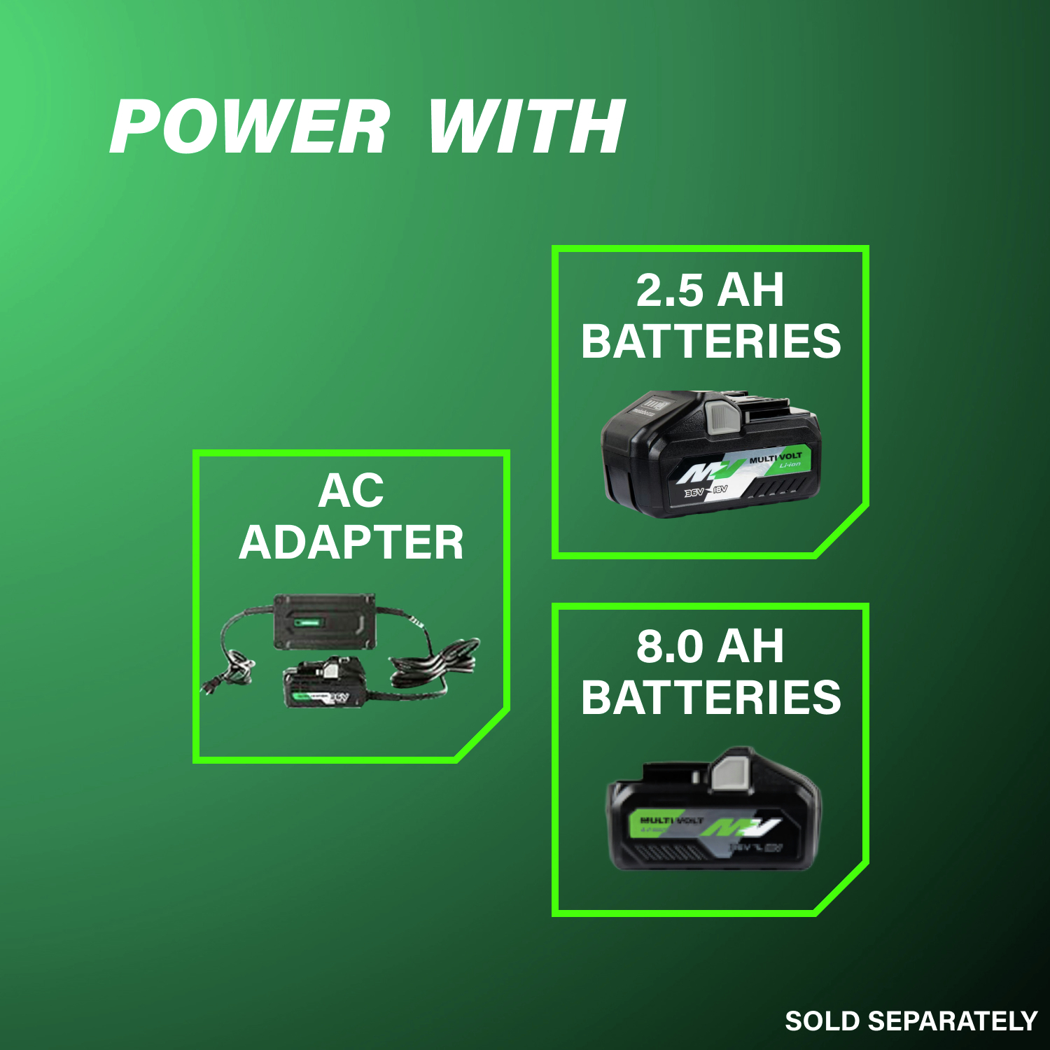 Compatible with 2.5 Ah / 8 Ah batteries, and an AC adapter for versatile power options that fit your workflow