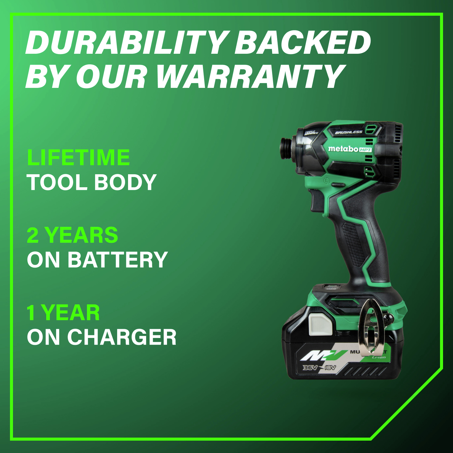 Covered by a lifetime tool warranty plus 2-year battery and 1-year charger protection for dependable long-term use.