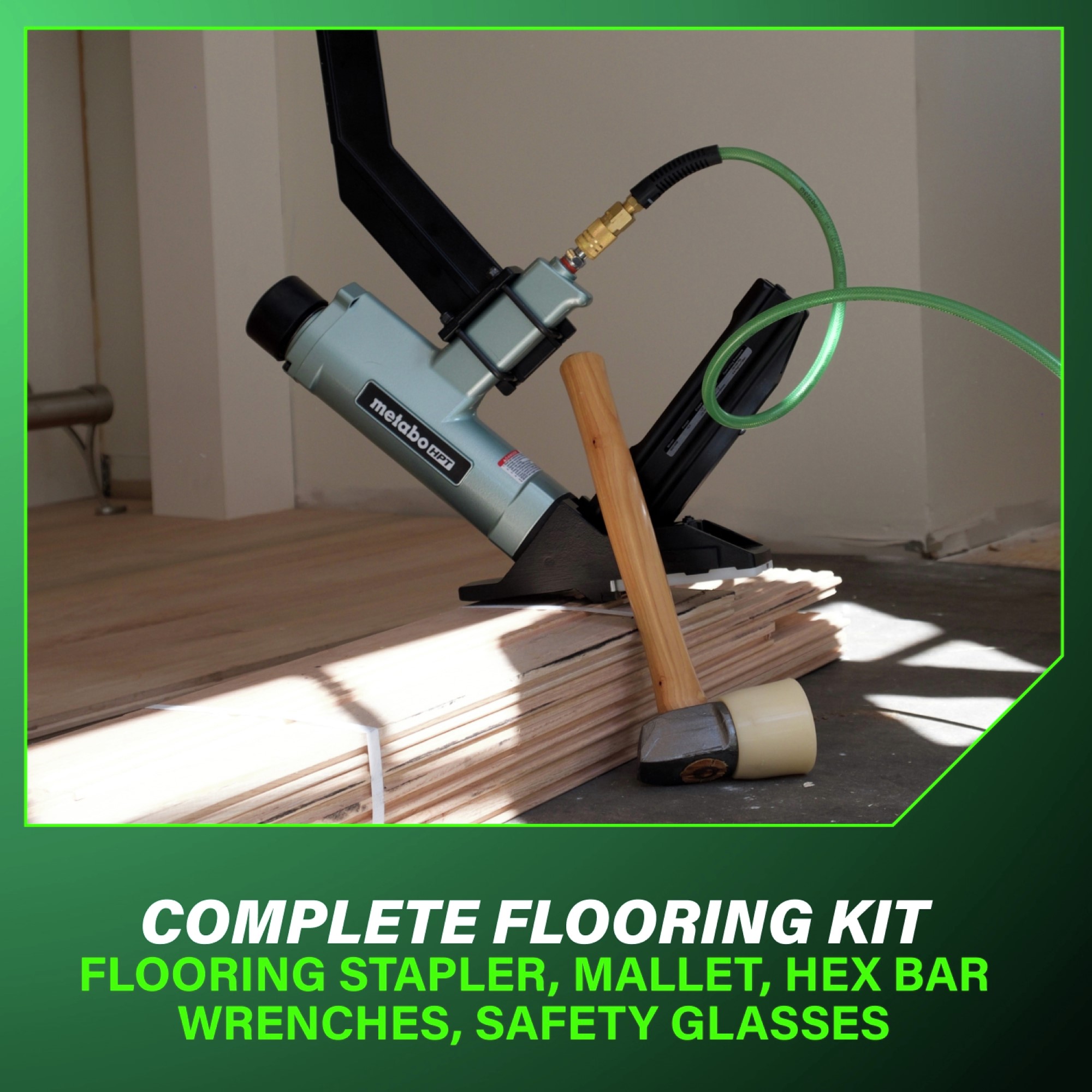 Includes a flooring stapler, non-marring mallet, hex bar wrenches, and safety glasses.