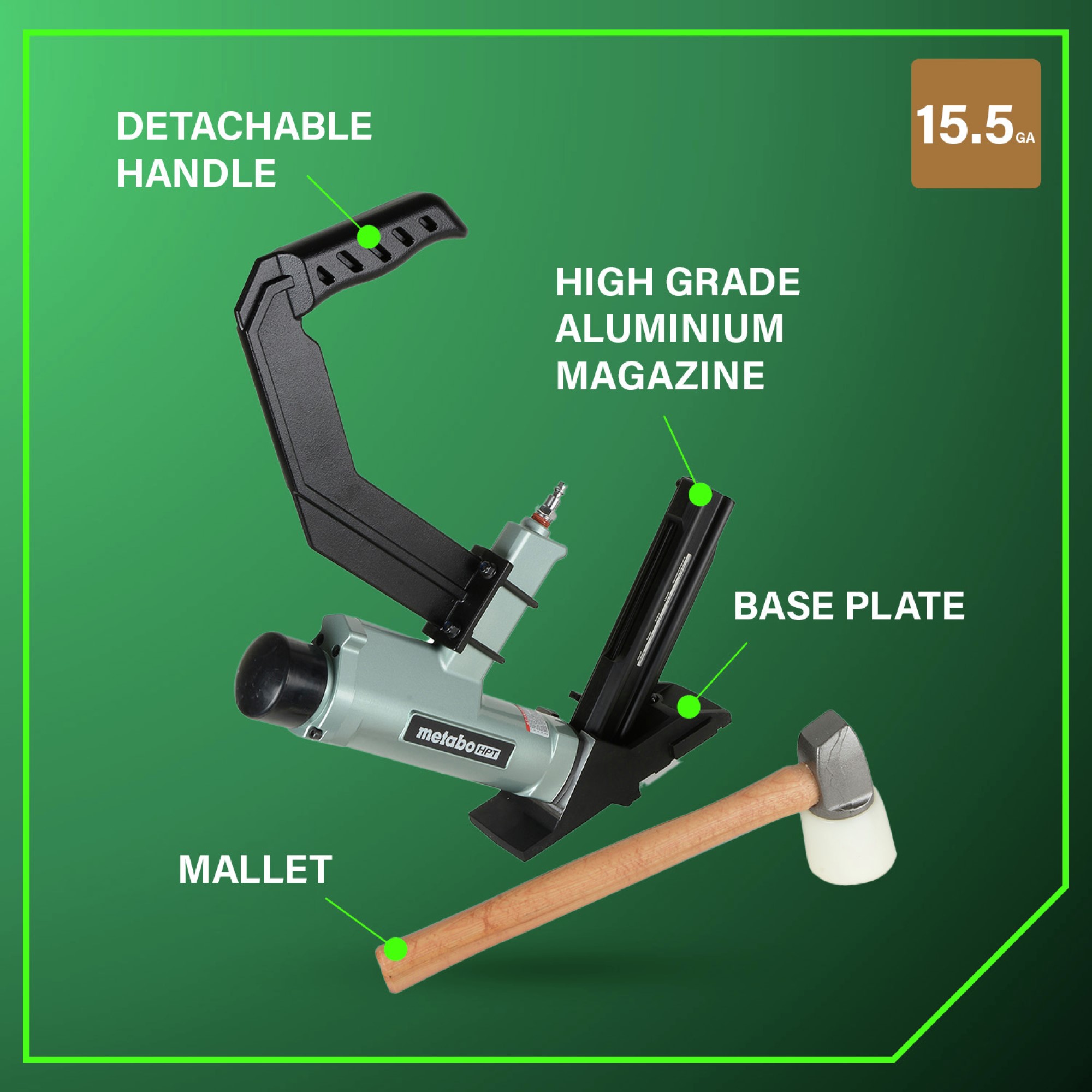 Features an aluminum magazine and a detachable handle.