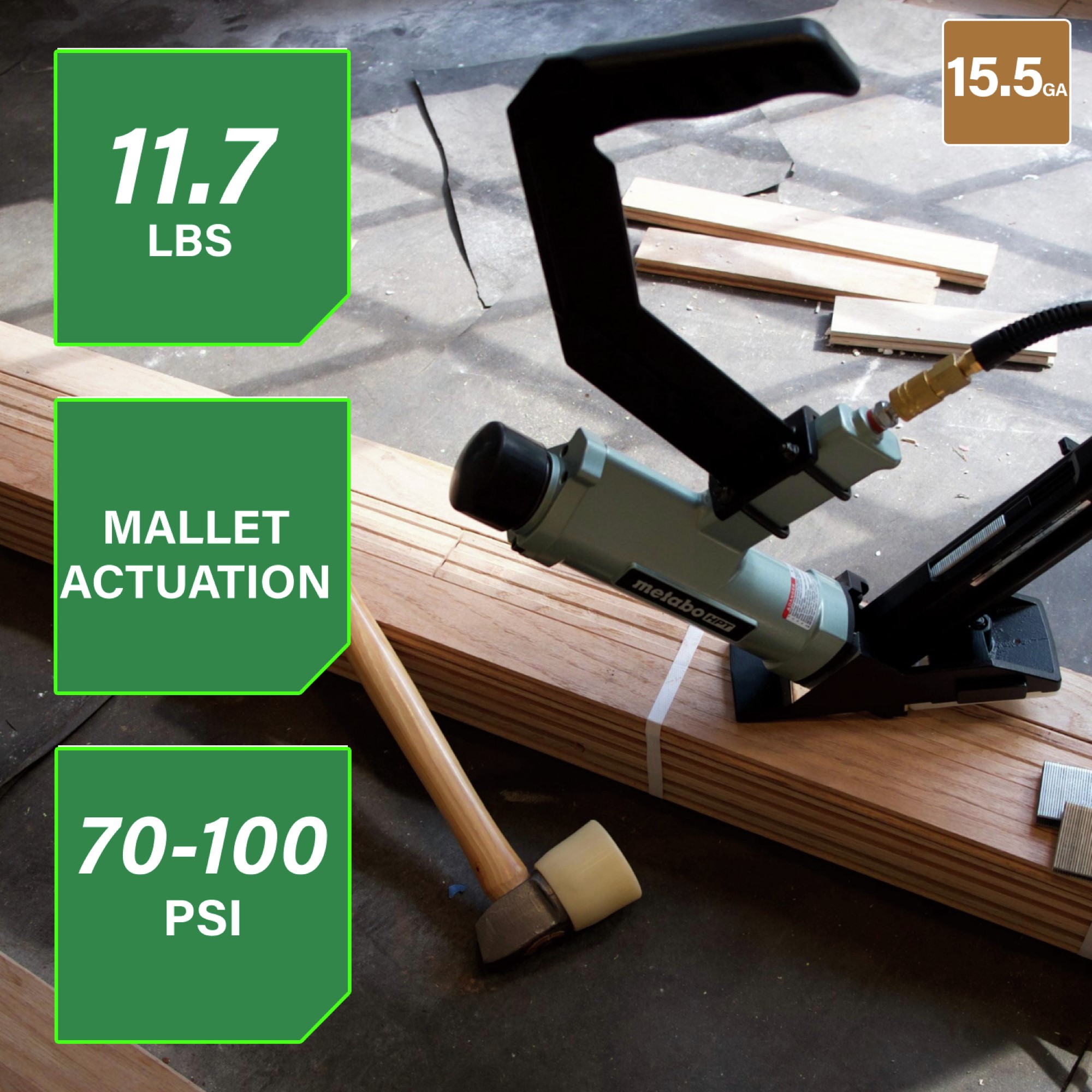 Lightweight at 11.7 lbs, this mallet-actuated stapler operates efficiently at 70–100 PSI.